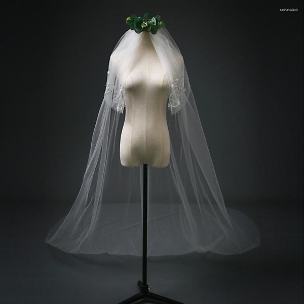 Velo nupcial Velo de boda de 2 capas con peine flores de diamantes de imitación de dianos con costura