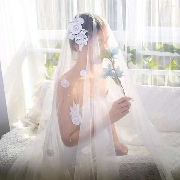 Velo nupcial de 2 capas de larga boda de perlas de velo con peine flores blancas capilla elegante novia novia