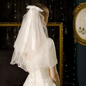 Bridal Veils 2 Layers Pearl Veil Ribbon Bow With Comb White Ivory For Bride Wedding Accessories