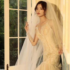 Bridal Veils 2024 Echte POS Hoge kwaliteit 2 lagen Blusher Cover Face Cathedral Shining Lades Lace Wedding Veil met kam