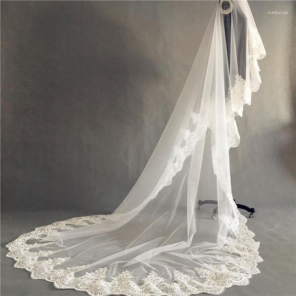 Voiles De Mariée 3m De Long Mariage Dentelle Appliques Bord 1 T Tulle Cathédrale Voile Ivoire Luxe Velo De Novia Voile Mariee