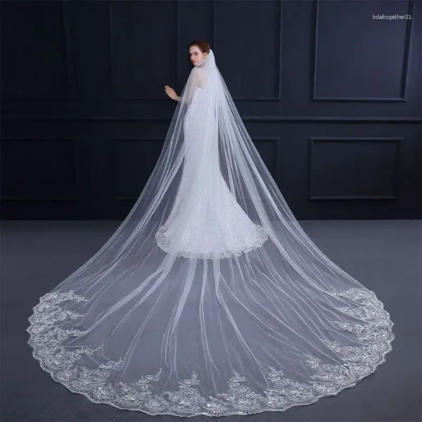 Voiles de mariée 4 m couche femmes glisser cathédrale longue robe de mariée broderie florale dentelle voile accessoires avec peigne à cheveux