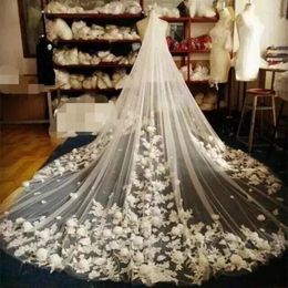 Voiles de mariée 4 mètres ivoire/blanc dentelle bord fleurs tulle cathédrale mariage longue Veu de Noiva 2023 accessoires