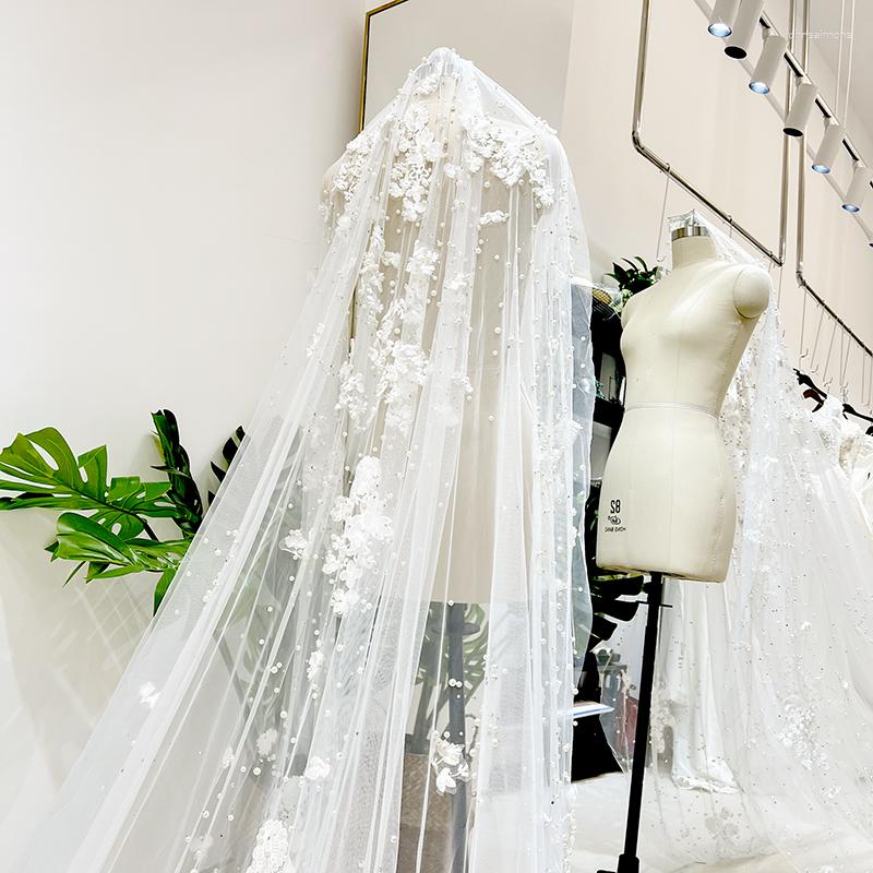 Velo nupcial Apliques de boda Velo 3D Flores Pearls Catedral Longitud Elegante novia de encaje de cuentas