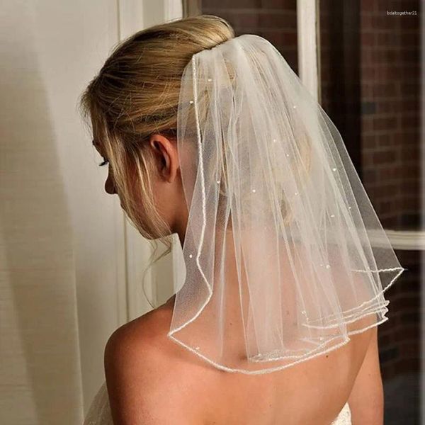 Velos de novia Cuentas Hombro Accesorios para el cabello de boda Una capa Blanco Marfil Lápiz Borde corto con peine