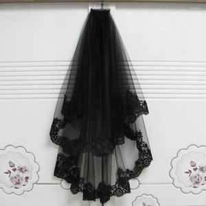 Velos de novia, velo de novia negro para Cosplay con peine, longitud corta hasta el codo, borde con apliques de encaje, accesorios de tul de dos capas