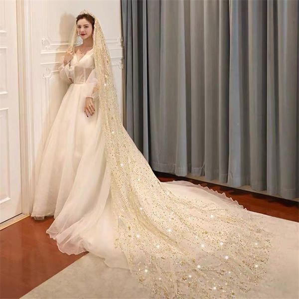 Voiles de mariée Bling Long avec peigne Champagne blanc une couche de mariage cathédrale voile paillettes lune étoiles 3.5 mètres mariée