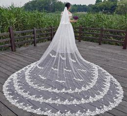 Voiles De mariée Cathédrale Longueur Dentelle Bord Applique Voile Avec Peigne Blanc Ivoire Réel Po Velos De Noiva Accessoires De Mariage