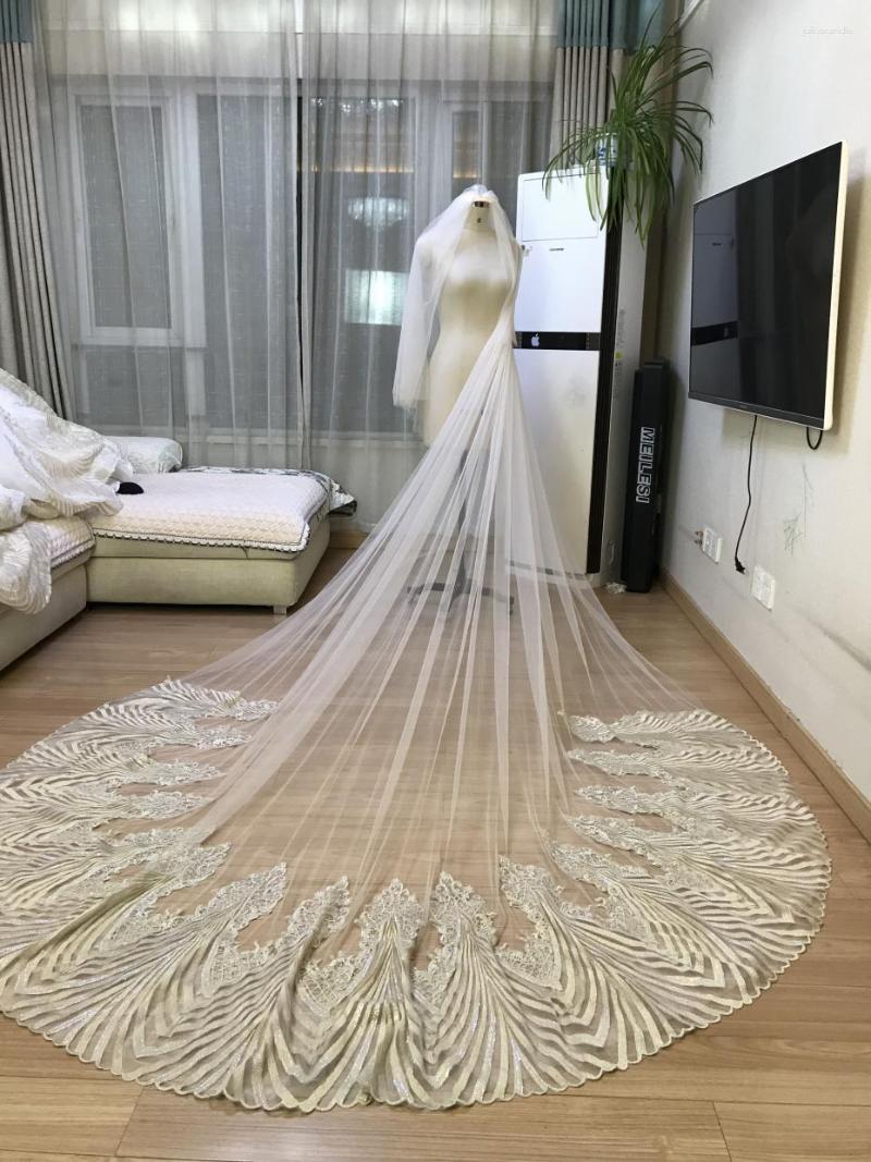 Bridal Veils Champagne Gold Lace Edge Luxury Cathedral Wedding Veil Accessories Long Velos De Novia