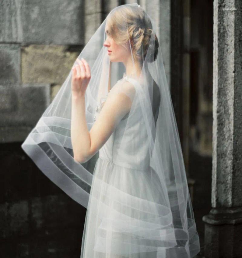 Bridal Veils Double Horsehair Ribbon Wedding Veil With Blusher Fingetip Length Custom Accessories