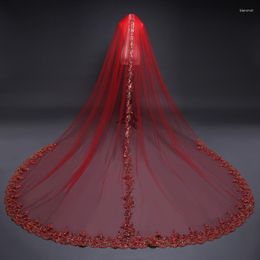 Voiles de mariée cathédrale élégante voile de mariage musulman dentelle appliqué 300 CM rouge Tulle femmes accessoires