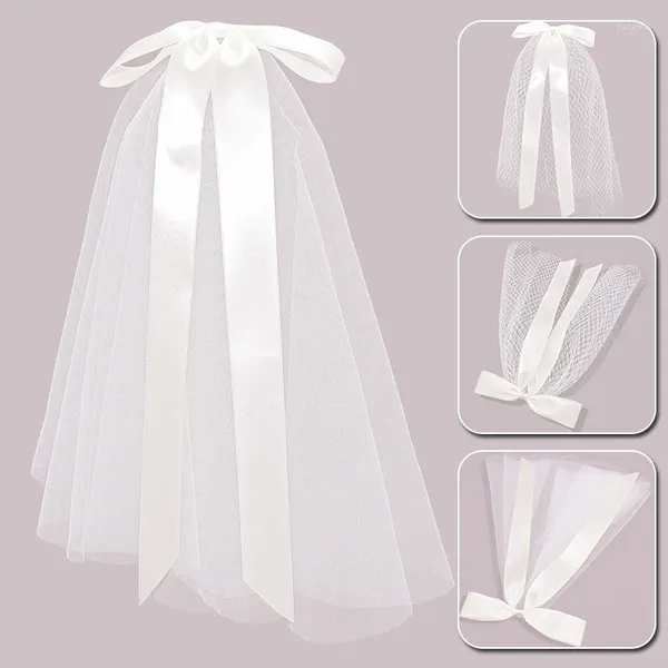 Veils de mariée élégant blanc court voile pour ruban de ruban bowknot accessoires de mariage aux femmes avec pince à cheveux