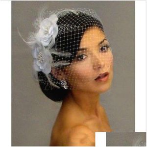 Velos nupciales Flores Rose Bird Jaula Velo Boda Birdcage Netting Cara Flor de pluma corta Flor blanca Fascinator Sombreros de novia con gota de Dhnxf