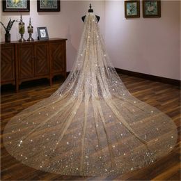 Voiles de mariée Full Bling Paillettes Longues Femmes Spray Gold Star Veil Tête 3.5M 5M Coiffe avec peigne