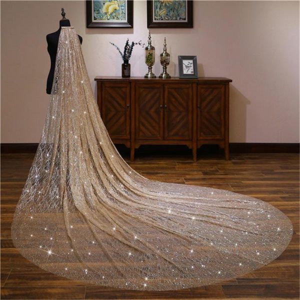 Velos nupciales Lentejuelas completas Damas Fiesta formal Spray Gold Star Veil Head 3.5M 5M Tocado largo con peine Bling