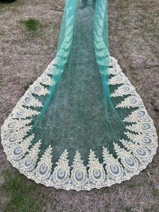 Voiles de mariée vert romantique voile ovale or dentelle Applique une couche cathédrale accessoires de mariage image réelle 1.5 m de large personnalisé