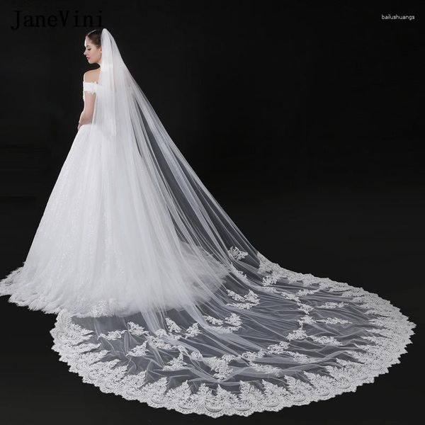 Velo de novia Janevini 2023 Catedral vintage Long Marfed Wedding Lace Appliques Edge Tulle con peine Voile 5m Mariage