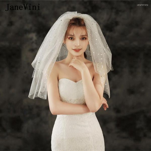 Voiles de mariée JaneVini Mode Court Mariage Ivoire avec peigne Trois couches Star Motif Fluffy Tulle Accessoires de cheveux Encaje Boda