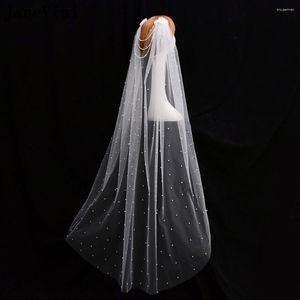 Voiles de mariée JaneVini Blanc / Ivoire Mariée Perle Voile De Luxe À La Main Fleurs De Mariage Avec Peigne 1 Niveau Tulle Perlé Chapeaux 2023