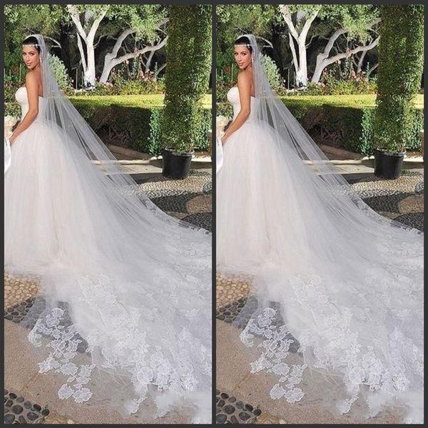 Voiles de mariée Kim Kardashian nouveau charmant blanc ivoire un étage cathédrale mariée voile de mariage personnalisé 3 mètres Lace246I