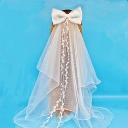 Velos de novia Tocados de velo en capas con perla Bowknot Decoración Boda Largo Tul Elegancia Fiesta de novia