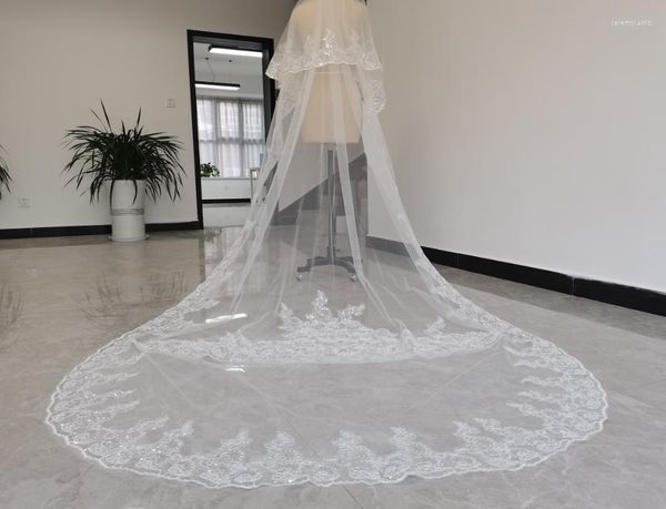 Voiles de mariée Voile de mariage cathédrale de luxe blanc/ivoire dentelle paillettes accessoires à deux niveaux
