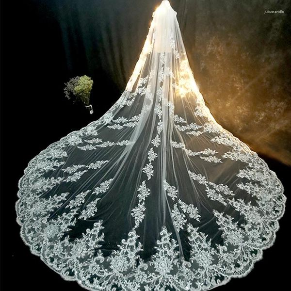 Velo de novia Luxury Long Wedding Sequins Lace AppiQues Edge 1 Capa Tul Catedral Velo con Coustom de Comb marfil hecho