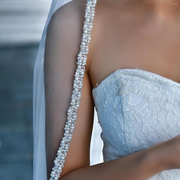 Voiles de mariée MZA65 bord perlé strass ivoire cristal voile de mariage couronne tête marié 1 niveau doux accessoires de mariée