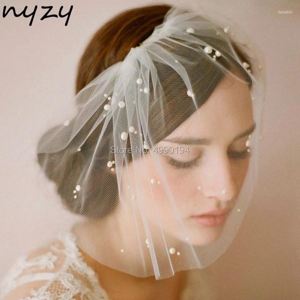 Bridal Veils Nyzy V9 Real Pearls Ivory Birdcage Veil Blusher Mariage court avec peigne voile Velo Novia 2024