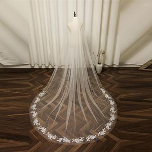 Bridal Veils Nzuk Pearls White Ivory Wedding Veil met kam Lace Edge Beading Cathedral Velo Novia Brillante