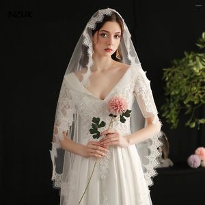 Velo nupcial Nzuk Voile Hijab One Nivel Classic Lace Edge Wedding Catedral Catedral Vintage Custom Sombrero