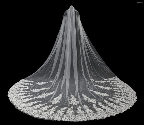 Voiles de mariée NZUK Voile de mariage Dentelle Applique Bord avec Perle Fleur Cathédrale Une Couche 4m Longueur Ivoire