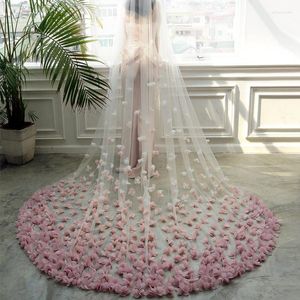 Bruidssluiers roze kathedraal bruiloft kant 3d bloemige bloemen sluier met kamaccessoires 2023 bruid mantilla