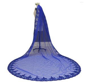 Voiles de mariée Image réelle 3 mètres une couche Bling paillettes dentelle bord bleu voile coloré mariage avec Comb8114936