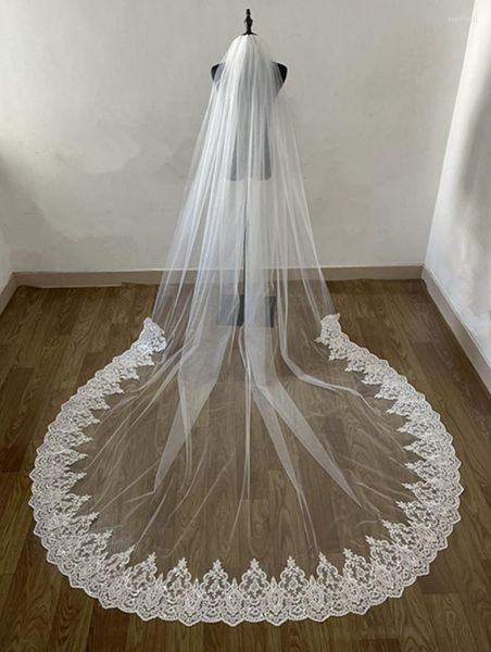 Voiles de mariée Real Po 3m une couche blanche ivoire demi-dentelle cathédrale voile de mariage avec peigne en métal