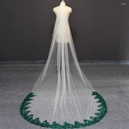 Bruidssluiers Echte PO Soft White Ivory Tule Wedding Veil met groene kant 3 meter lange kammen bling pailletten