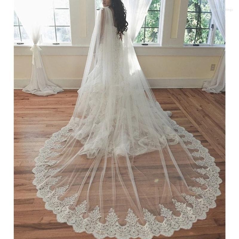Gelin Peçe Gerçek Pos Uzun Dantel Düğün Cape 3.5 Metre Bolero Beyaz Fildişi Omuz Gelin Elbiseler