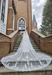 Velo nupcial Romántico una capa de 3 metros de largo Velo de boda de encaje de largo con apliques de la iglesia Mm