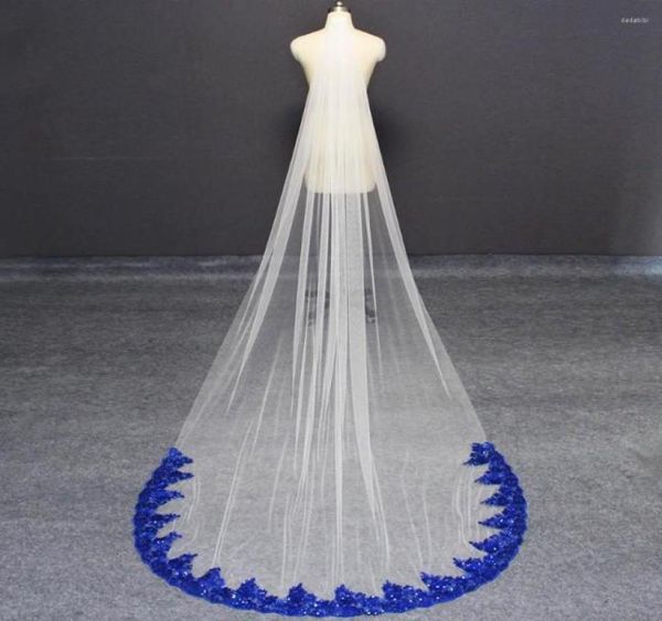 Voiles de mariée dentelle bleu royal blanc ivoire doux tulle long voile de mariage 3 mètres avec accessoires pailletés Welony6993844