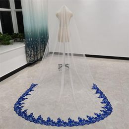 Bruidsluiers Royal Blue Long met kam Single Layer White Ivory Tulle Accessoires voor Bruiden Pailletten Kantrand 3 meter