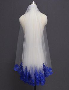 Bridal Veils Royal Blue Lades Lace White Ivory Veil One Layer Short Shine Wedding met Comb Velos de Novia4748074