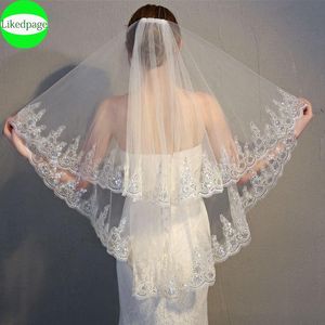 Velos de novia Accesorios de velo de novia de boda corta 2021 Dos capas Voile Mariage Welon Slubny Borde de encaje de lentejuelas Velo De Novia Sposa con peine