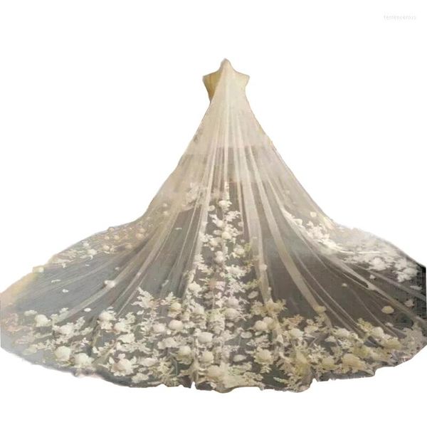 Voiles de mariée TOPQUEEN V123 Voile de mariage floral Mariée Cathédrale Droped Veu Long 5 mètres avec fleurs 3D Mantilla