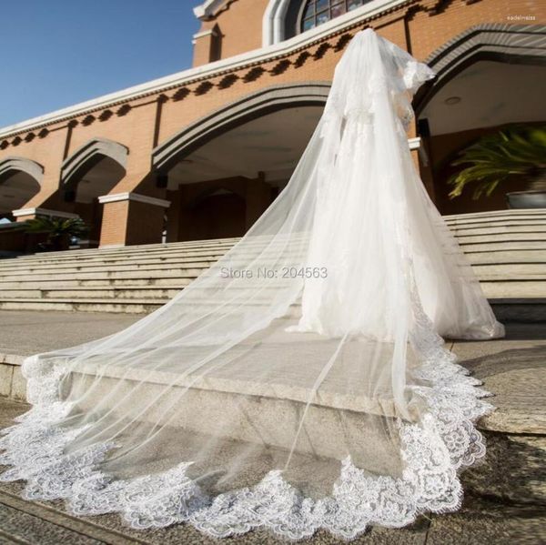 Velo de novia Velo de dos capas Capilla de tul de tul de boda de encaje de dos capas para novia con y cuentas mm