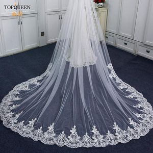 Bridal Veils V73 French Alecon Lace Brodery Applique 5m Long Cathedral Wedding Veil with Peb Tulle Transparentbridal