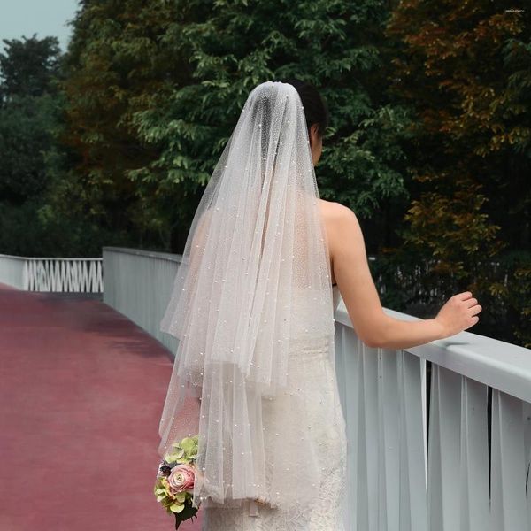 Voiles de mariée V91 Sparkle Voile de mariage Goutte 2 niveaux Perles Perles Tulle doux avec couverture de peigne Accessoires de visage pour la mariée