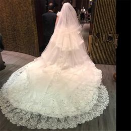 Bruids sluiers bruiloft lange grote kanten rand pailletten applique tweelaags gezicht bedekte luxueuze sluier met kam 3.8meters wit/ivoryBridal