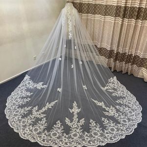 Voiles de mariée Voile de mariage Paillettes Dentelle Applique Bas Cathédrale Fleur Une Couche Longue Avec Peigne