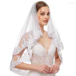 Voiles De Mariée Voile De Mariage Avec Peigne Illusion Tulle Dentelle Appliques Accessoires De Cheveux Pour La Mariée Longueur Du Coude À 2 Niveaux