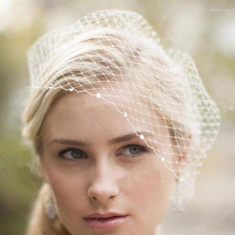 Brautschleier weißes Gesicht für das Braut Haarzubehör Hochzeit Schwarz Elfenbein Kristallperlen Netz Vogelkäse Faszinator Elegant Charming Schleier